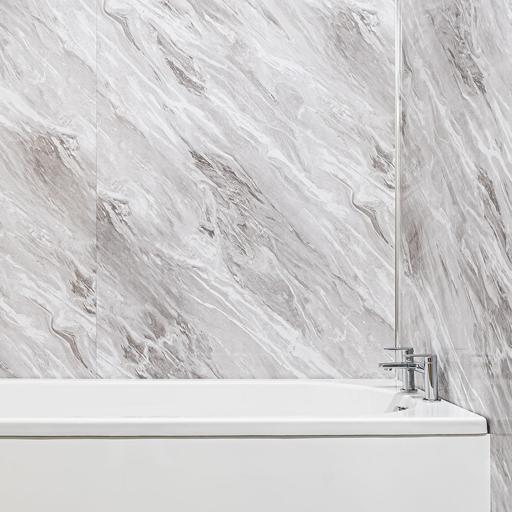 10mm Light Grey Marble Gloss Shower Panel bathroom zoomed