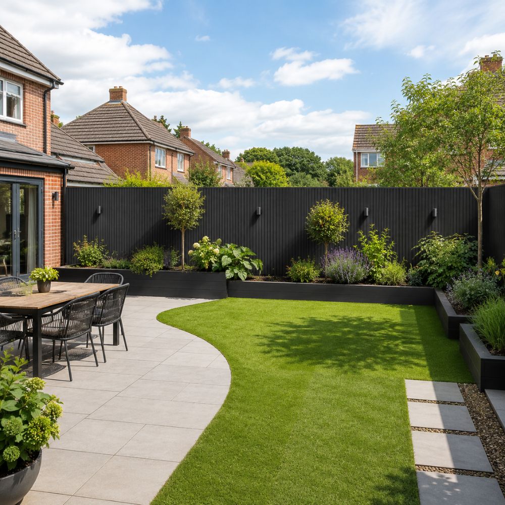A modern backyard garden patio and lawn setup with a curved light gray stone patio, green artificial grass, a black privacy fence, raised garden beds, and outdoor dining furniture.