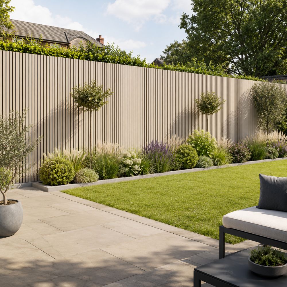 A modern backyard patio scene with a tall beige slatted privacy fence, green lawn, potted plants, and part of a gray outdoor lounge chair in the foreground.