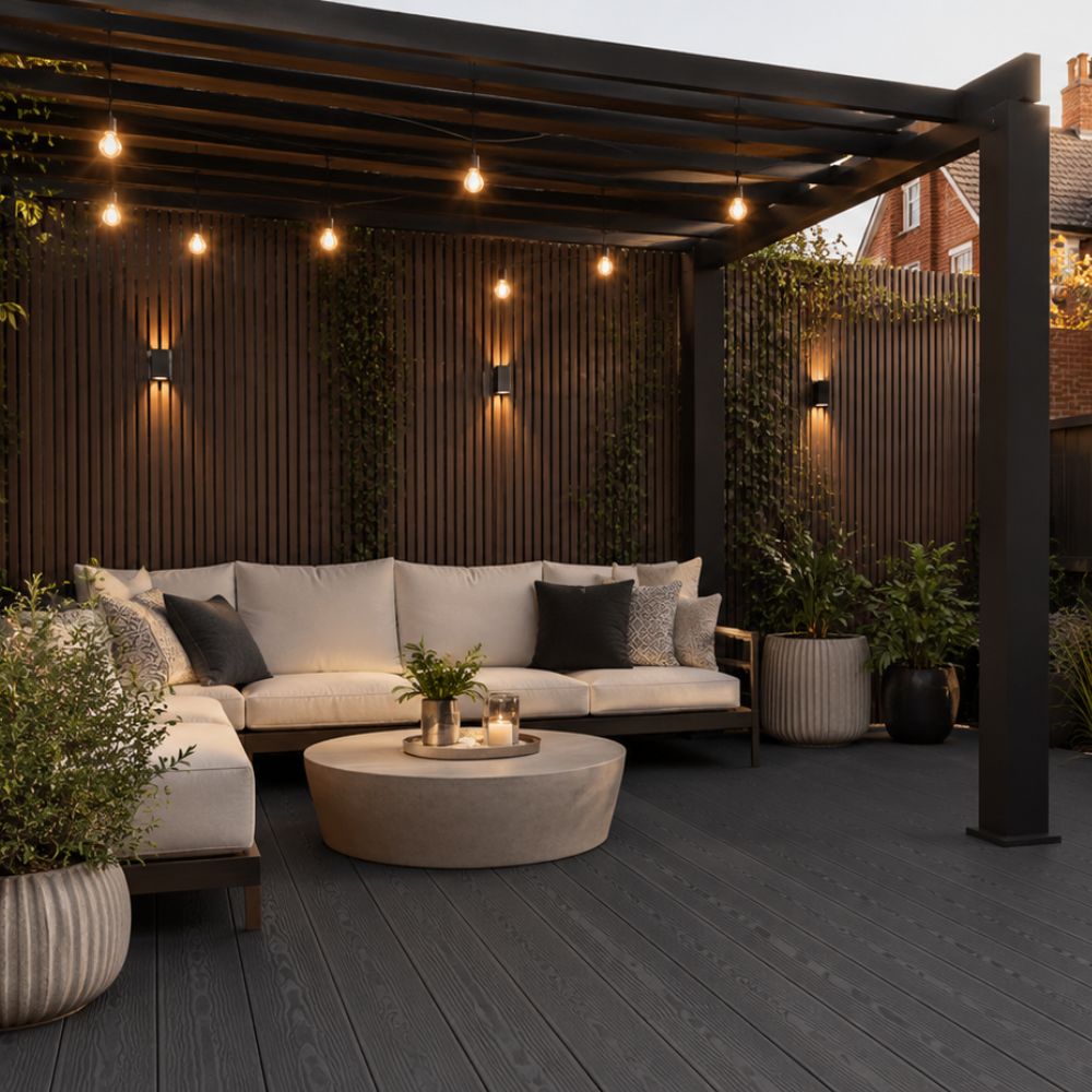 A modern outdoor patio setup featuring a dark wood pergola with warm string lights, a white sectional sofa with dark accent pillows, a round beige coffee table, and dark gray decking. The background consists of dark brown vertical wood slats with built-in greenery and wall sconces.