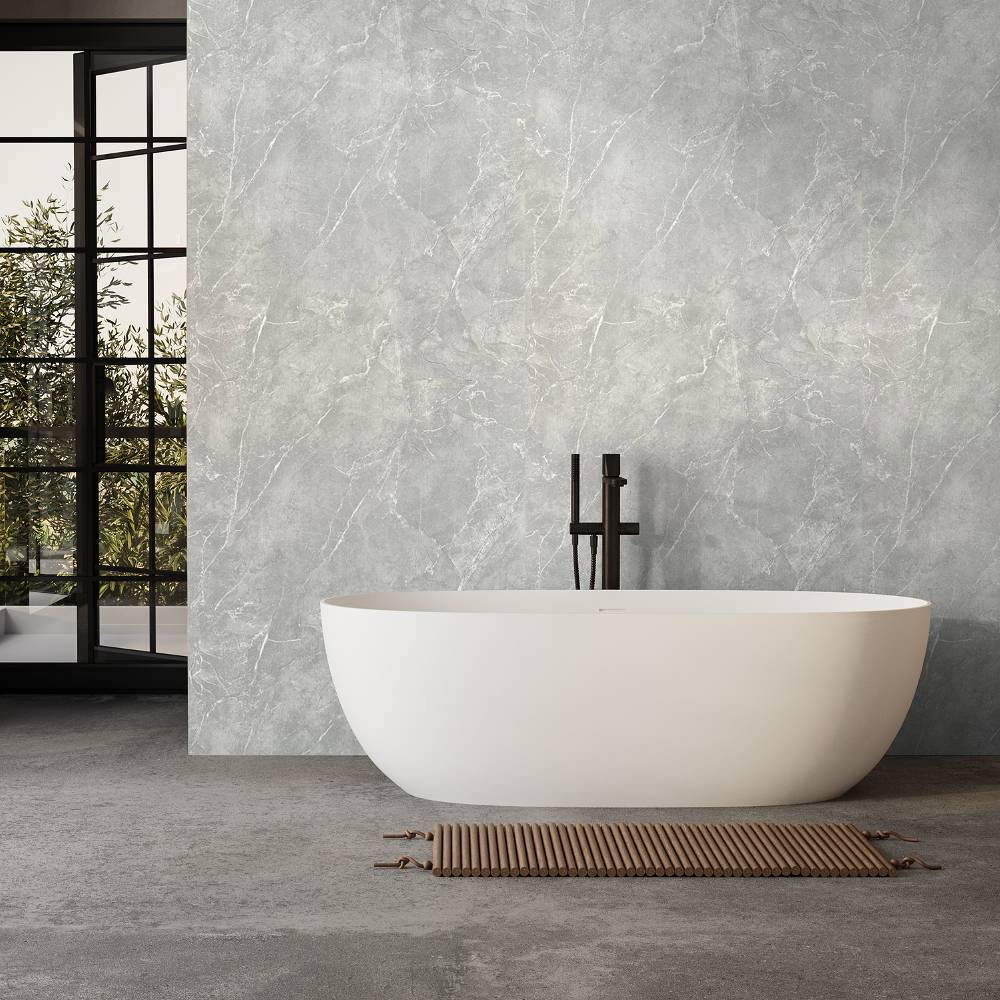 Modern bathroom design featuring dark grey matte shower panels