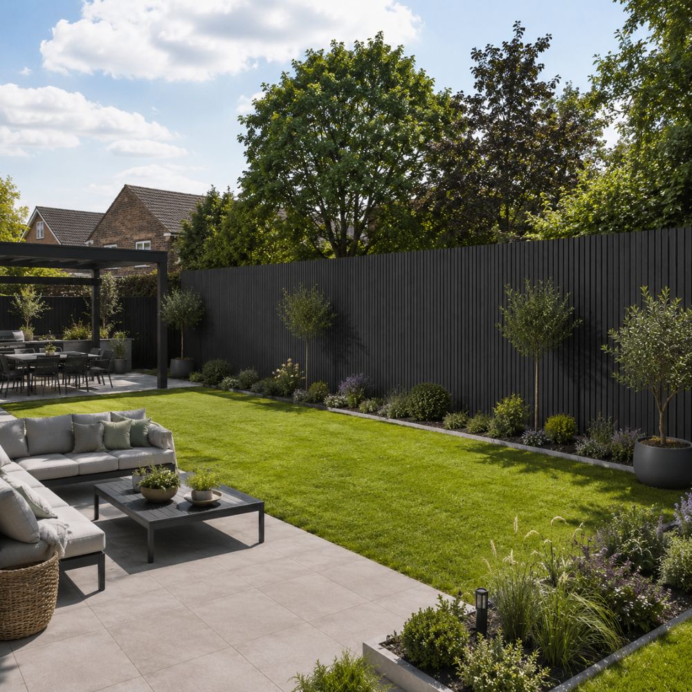 A modern backyard patio and lawn setup with a dark gray vertical slat fence, green grass, potted trees, a patio sofa, and a coffee table on a tiled deck.