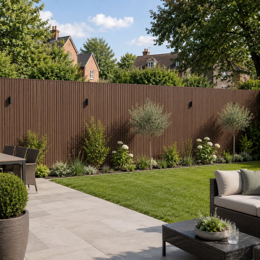 A modern backyard patio scene with a dark brown vertical slat fence, green lawn, potted plants, outdoor dining chairs, and a sofa in the foreground.