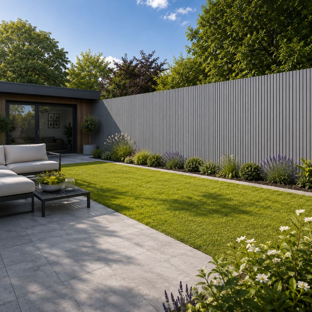 Modern outdoor patio and garden scene with a gray slatted privacy fence, green lawn, patio paving, outdoor seating, and landscaped plants under a blue sky.