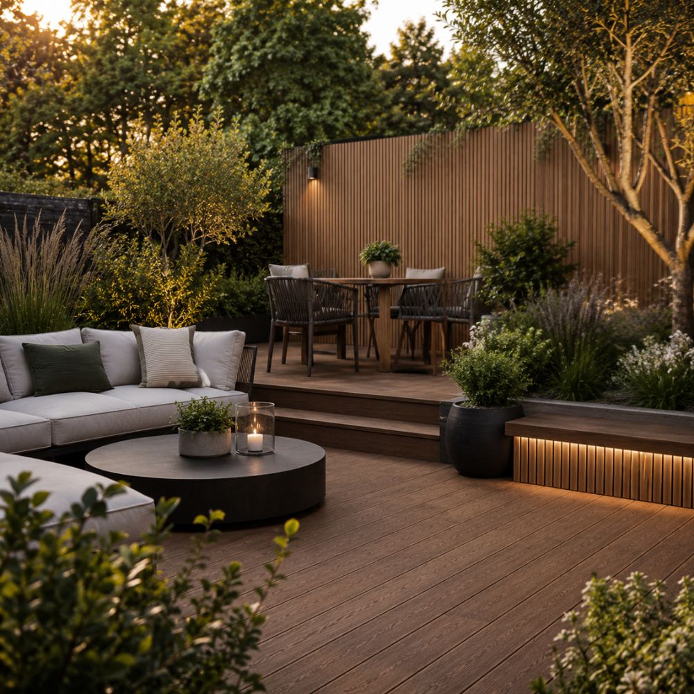 A modern outdoor patio scene with a light gray sectional sofa, round dark coffee table, dining set on elevated wooden steps, lush greenery, and a slatted wood privacy wall at dusk.
